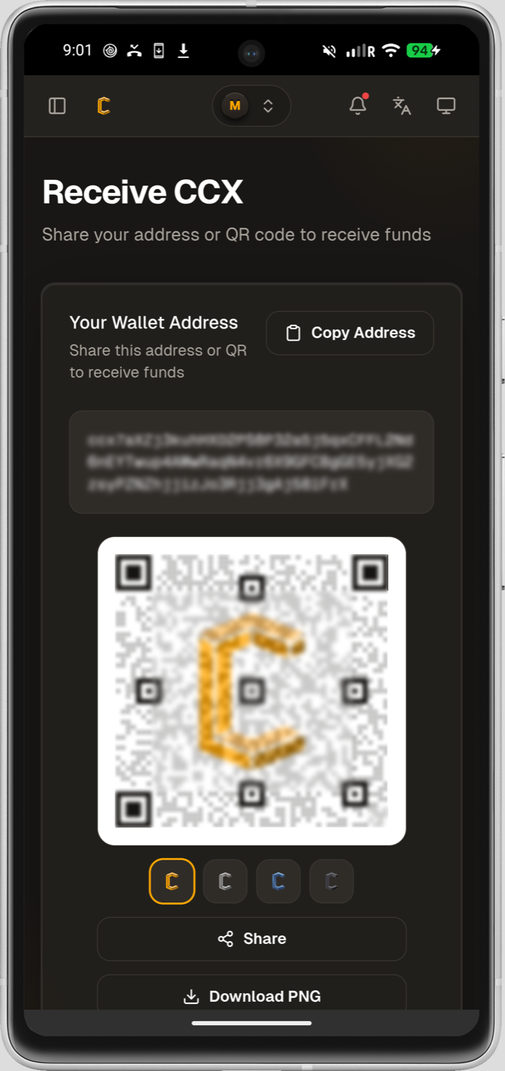 Conceal Android wallet receive screen with the wallet address and QR code blurred.