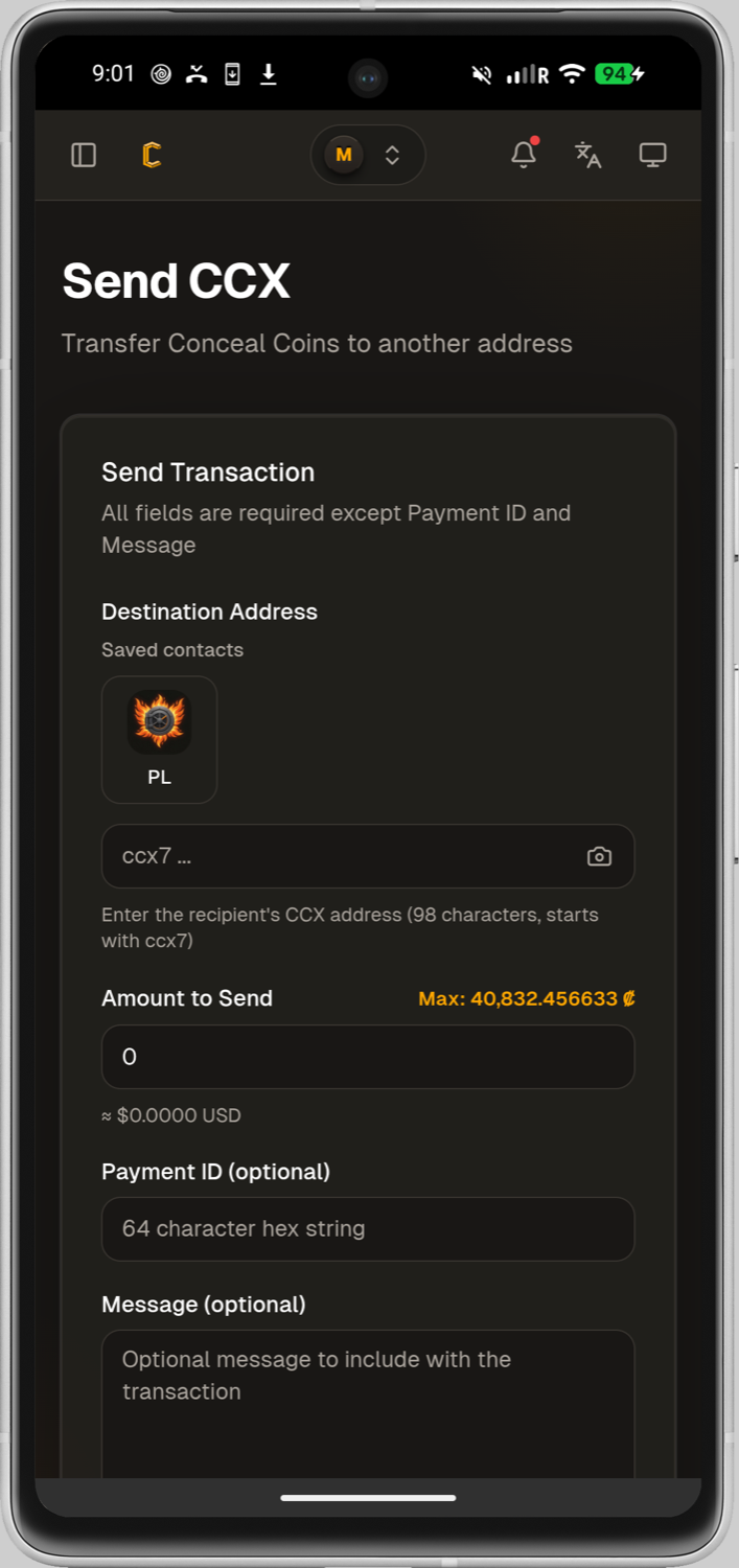 Conceal Android wallet send form with destination address, amount, payment ID and message fields.