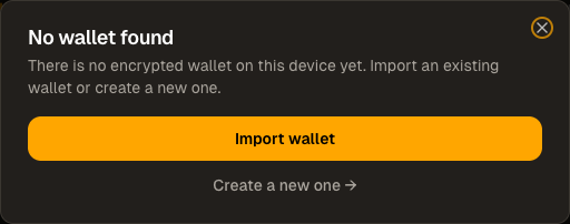 Conceal Web Wallet dialog offering Import wallet and Create a new one.